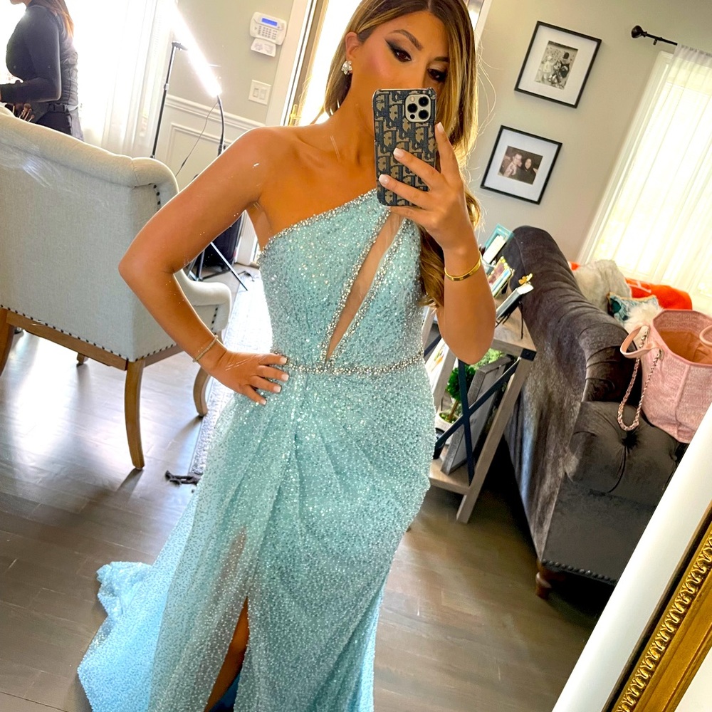 Blue Sequined One shoulder gown